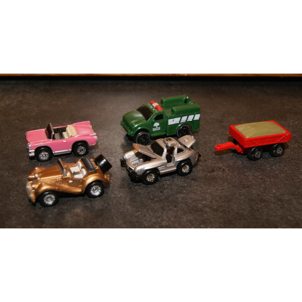 Lot of 5 Micro Machines Deluxe Mercedes, Pink Cadillac, Farm Hay Trailer Galoob
